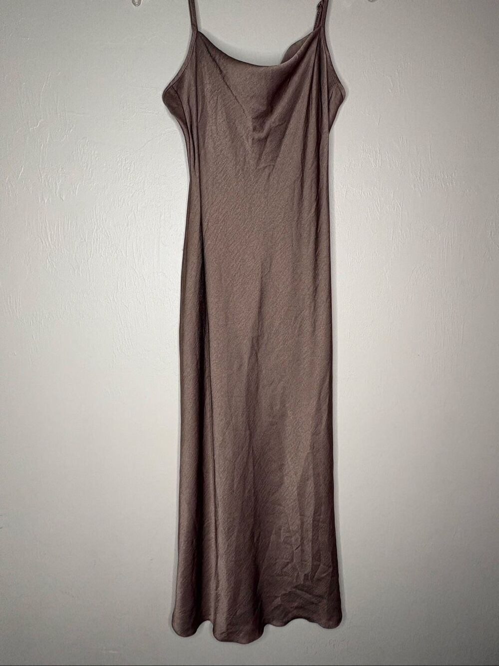 Bebe Women's Medium Brown Satin Cowl Neck Spaghetti Strap Maxi Slip Dress Size M